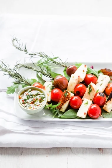 Chargrilled halloumi with cherry tomatoes and rosemary skewers