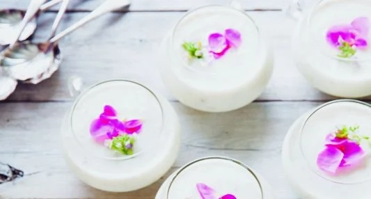 Chilled Pear Yogurt with Pickled Rose Petals