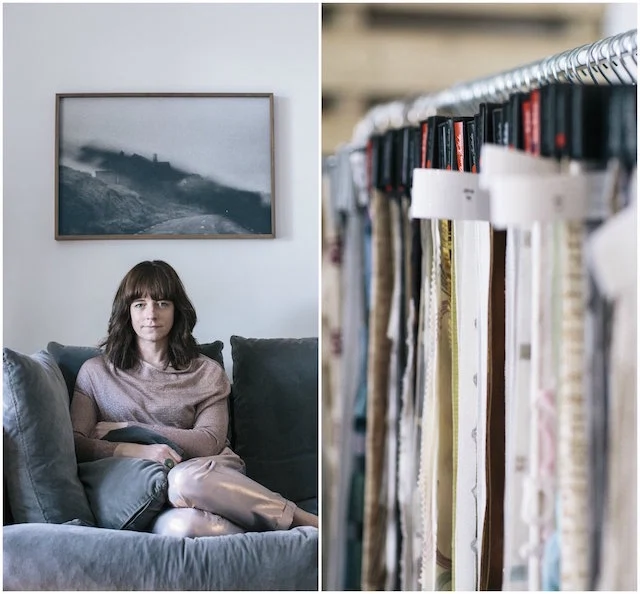 Emily relaxing at home; a swathe of chic swatches in her workshop
