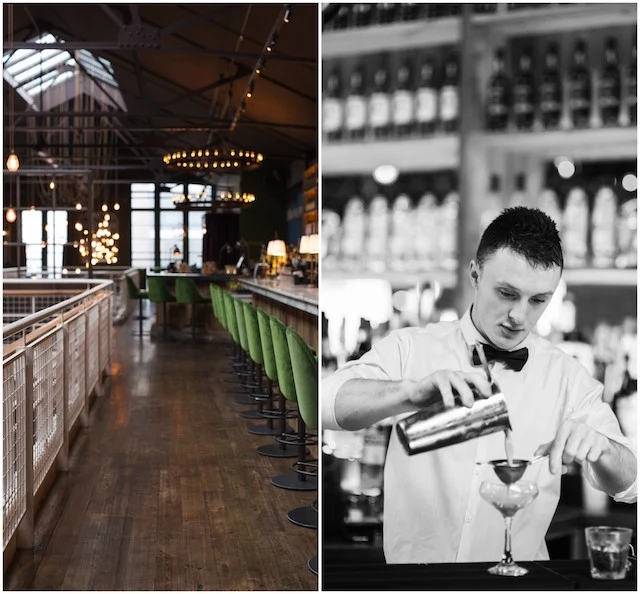 The lofty interior of Tribeton; Fionn Doyle makes the coffee cocktail (photography: Nathalie Marquez Courtney).