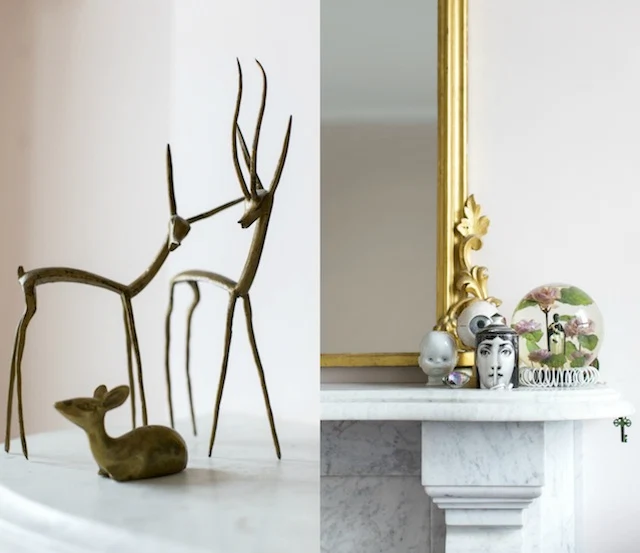 Left: Brass deer from Portobello market, London. Right: More of Ruth's eclectic pieces by a John Farington Mirror.