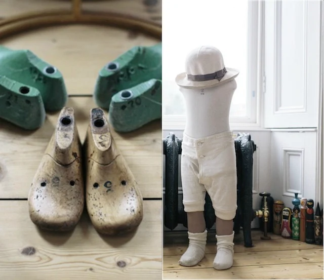 Left: Cobbler's lasts from an antique shop. Right: The mannequin is from a Parisian antique's shop.