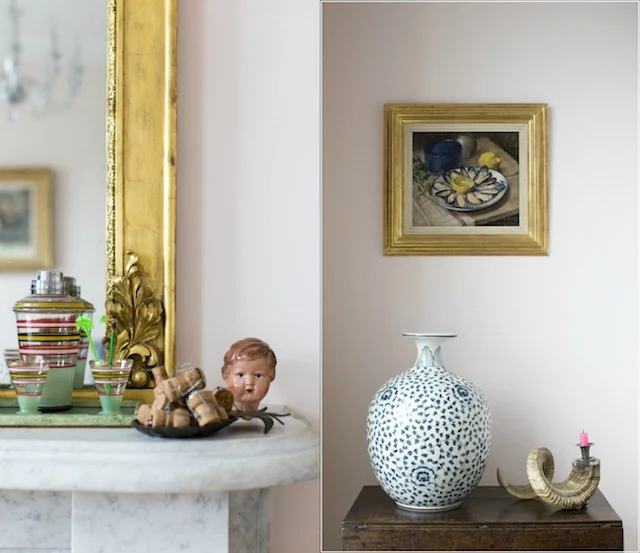 Left: An art deco cocktail set on an original fireplace. Right: Ruth carried the weighty ram's horn back from a trip to Mexico.