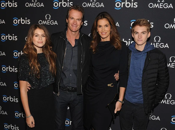 NEW YORK, NY - FEBRUARY 05: (L-R) Model Kaia Jordan Gerber, Businessman Rande Gerber, model, OMEGA Brand Ambassador Cindy Crawford and Presley Walker Gerber attend the screening of "The Hospital In The Sky" presented by OMEGA at New York Historical Society on February 5, 2015 in New York City. (Photo by Craig Barritt/Getty Images for Omega)