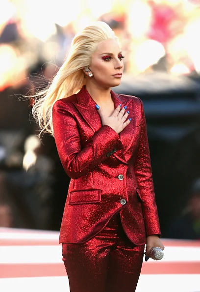 SANTA CLARA, CA - FEBRUARY 07: Lady Gaga sings the National Anthem at Super Bowl 50 at Levi's Stadium on February 7, 2016 in Santa Clara, California. (Photo by Matt Cowan/Getty Images)