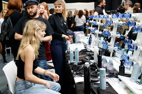 A model backstage ahead of the Ashley Williams show during London Fashion Week Autumn/Winter 2016/17 at Brewer Street Car Park on February 23, 2016 in London, England.