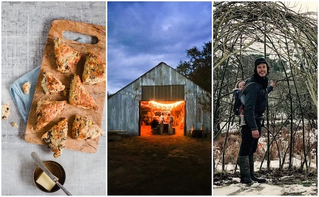 Left: Myrtle Allen's seaweed scones (image: Nathalie Marquez Courtney); Farm.Field.Sea on Martha's Vineyard; West Clare surfer Fergal Smith with his daughter, Sunshine, in Moy Hill Community Garden