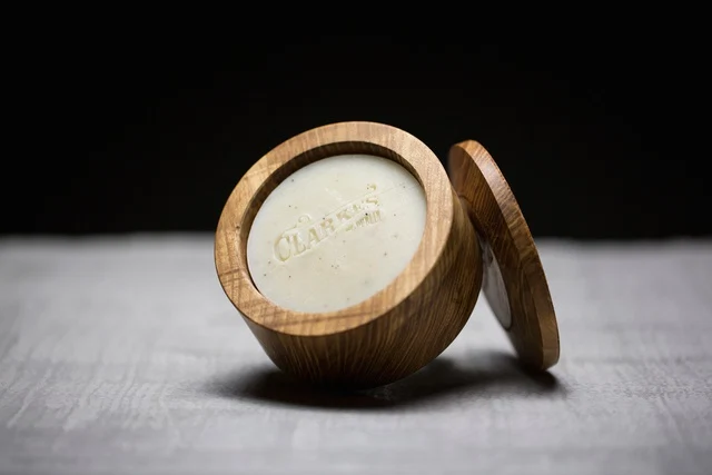 Celebrating Irish Craft & Design With Brown Thomas. Suzanne Clarke_Clarkes of Dublin_Traditional Handmade Shaving Soap in Hand Turned Ash Shaving Bowl_E58_00_Peter Rowen Photography 2015