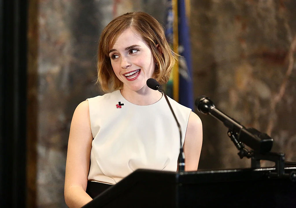 NEW YORK, NY - MARCH 08: Actress Emma Watson speaks during The Empire State Building lighting In HeForShe Magenta For International Women's Day at The Empire State Building on March 8, 2016 in New York City. (Photo by Astrid Stawiarz/Getty Images)