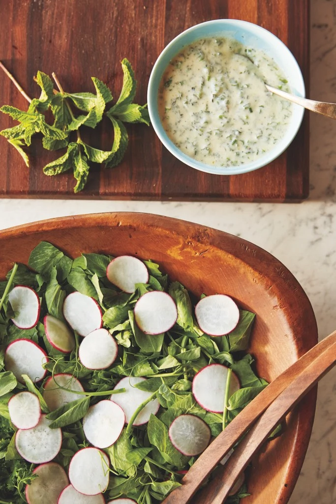 Recipe: Pea Greens & Radish Salad with Yoghurt Mint Dressing