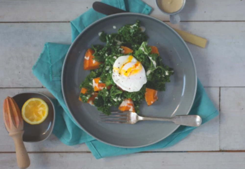 Super Healthy Kale, Tahini And Poached Eggs With Roast Squash