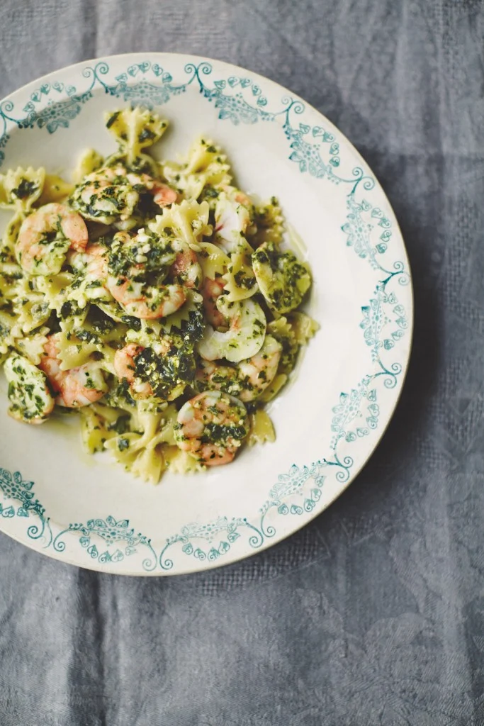 Tonight’s Dinner: Bow Pasta With Basil Pesto & Prawns