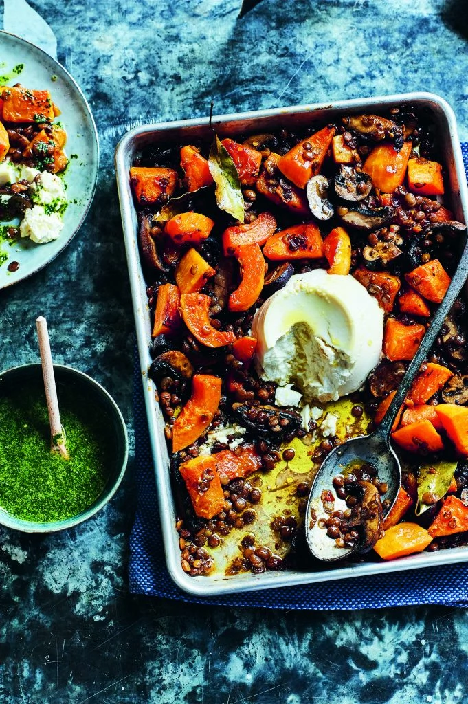 Maple & Lime-Roasted Squash With Lentils, Ricotta & Basil Oil