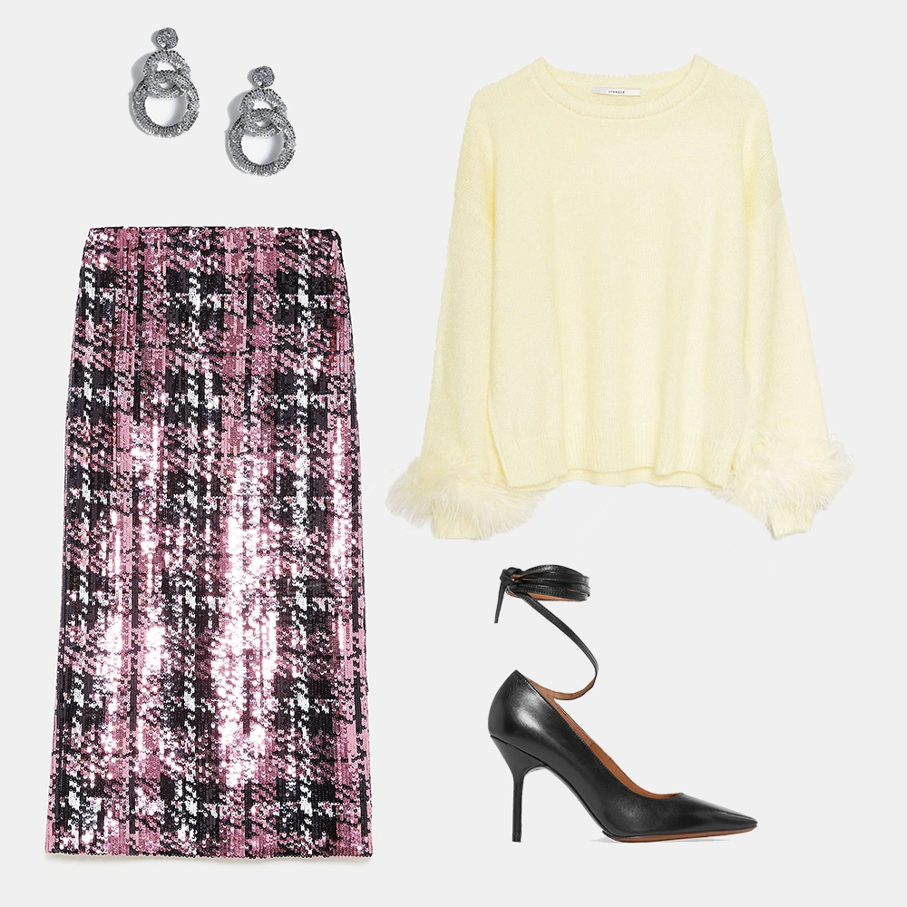 Sequinned midi skirt, €39.95 at zara.com, pastel feather-trimmed sweater, €125 at uterque.com, leather pumps by Vetements, €424 at theoutnet.com, Christmas sequin link drop earrings, €16 at topshop.com