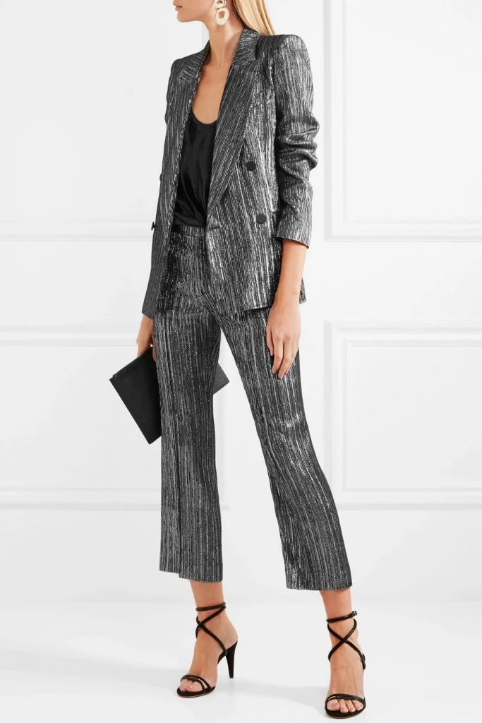 Denel double-breasted textured-lamé blazer, €940. Dansley cropped textured-lamé straight-leg pants, €540, netaporter.com