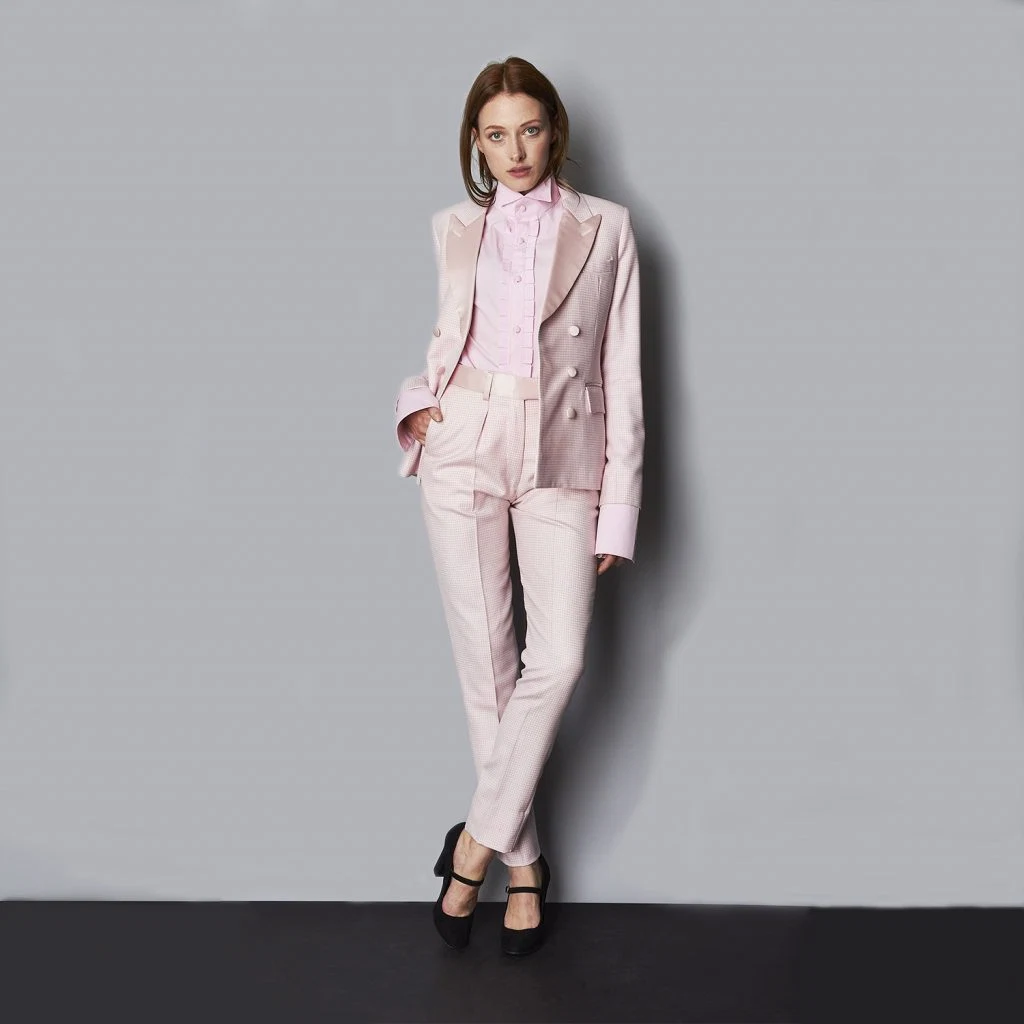 The 'Juliet' pink puppytooth double-breasted suit, €2171.54 at Joshuakanestore.com
