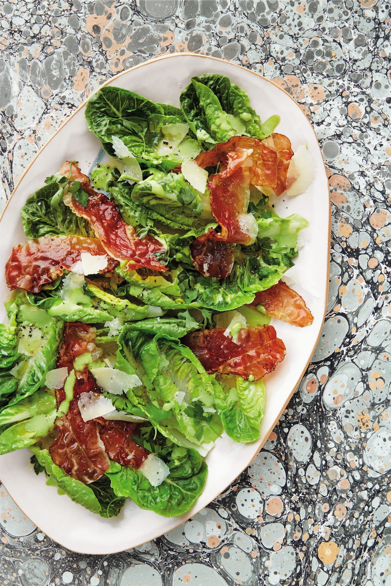 Little Gems With Crispy Pancetta & Green Caesar Dressing