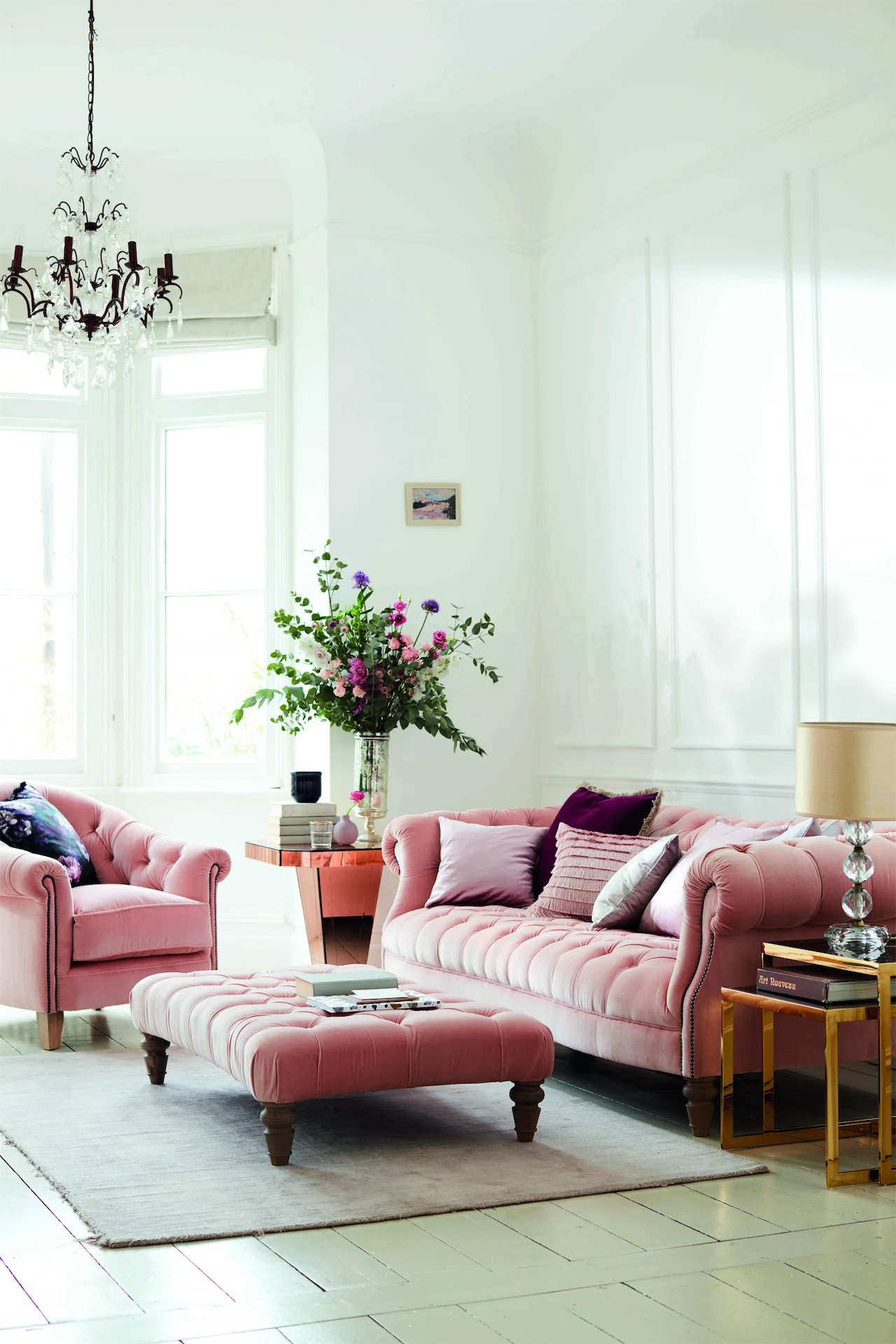Palace: Grand Sofa in Blush Velvet. Dimensions: height: 30.3"; Width: 93.3; depth 39", €2,499 at DFS