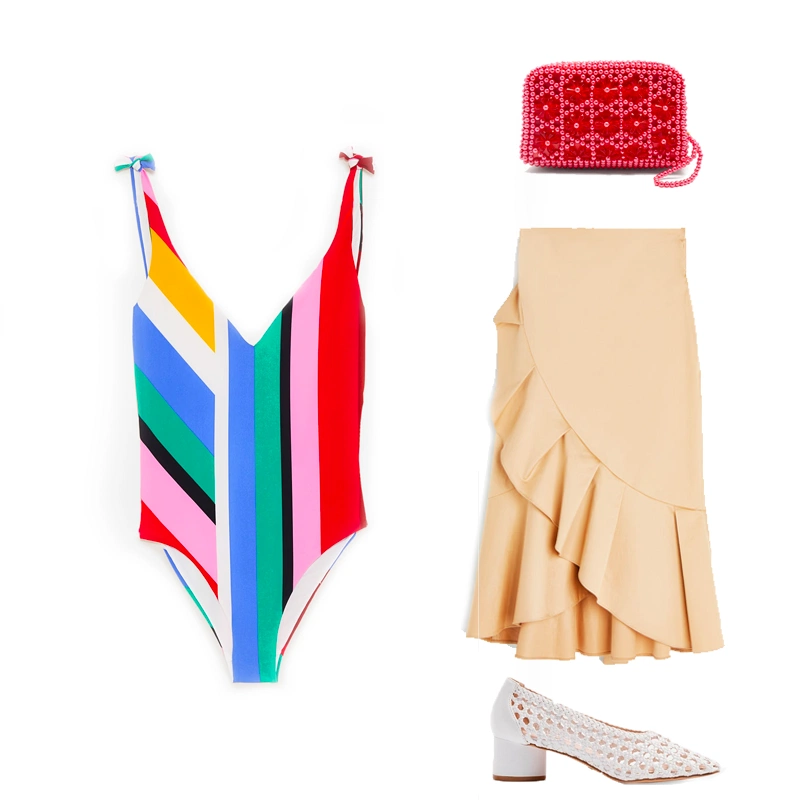 Striped swimsuit, €19.99 at zara.com, ruffled skirt, €69.95 at uterque.com, Domenica faux-pearl embellished clutch by Shrimps, €199 at matchesfashion.com, woven shoes, €68 at topshop.com
