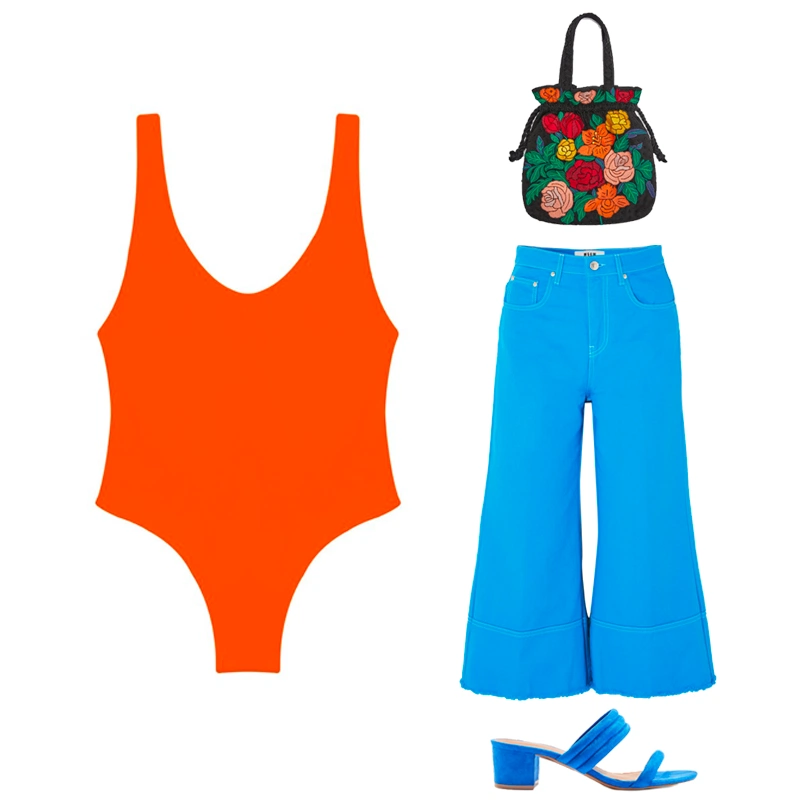 Contour one piece, €179.87 at jadeswim.com, dixie tubular block mules, €40 at topshop.com, cropped high-rise wide-leg jeans by MSGM, €117 at net-a-porter.com, bucket bag with floral embroidery, €29.99 at zara.com