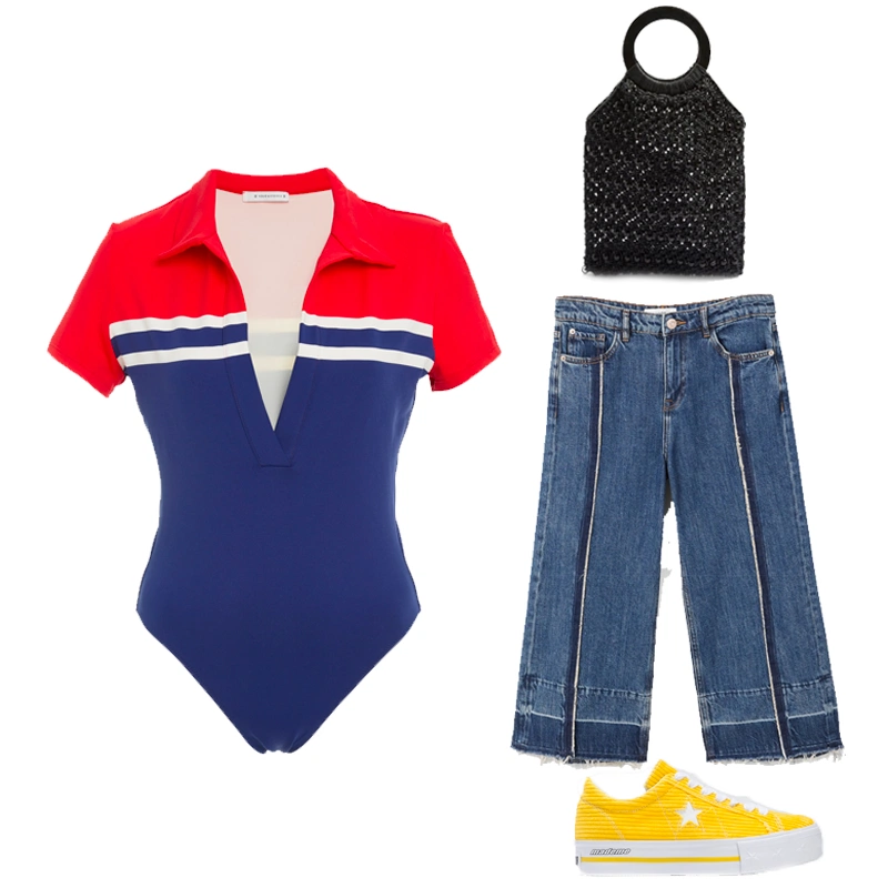 The Maya Collared one-piece swimsuit by Solid and Striped, €204 at modaoperandi.com, culotte relaxed jeans, €39.99 at mango.com, Converse One Star X MadeMe Corduroy Platform Sneaker, €94.22 at urbanoutfitters.com, mini Mykonos beaded tote bag, €40 at topshop.com