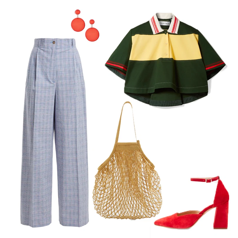 Cropped colour-block cotton-piqué top by Carven, €195 at net-a-porter.com, checked high-rise cotton-blend trouser by Stella McCartney, €324 at matchesfashion.com, Gloria two-part court shoes, €76, red circle drop earrings, €13 both at topshop.com, net bag, €9.99 at mango.com