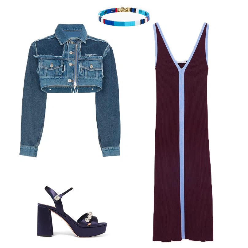 Cropped denim jacket by Off-White, €549.30 at brownsfashion.com, colour-block ribbed dress, €39.95 at zara.com, blue crush choker, €103.32 at roxanneassoulin.com, crystal embellished satin platform sandals by Miu Miu, €750 at net-a-porter.com