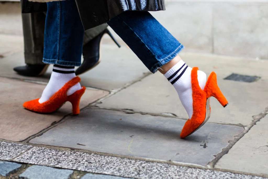 Lisa red leather slingback, €350 at byfarshoes.com, sheer striped navy sock, €7 at cosstores.com, sheer tartan socks, €5 at topshop.com red stripe sports socks, €5 at topshop.com