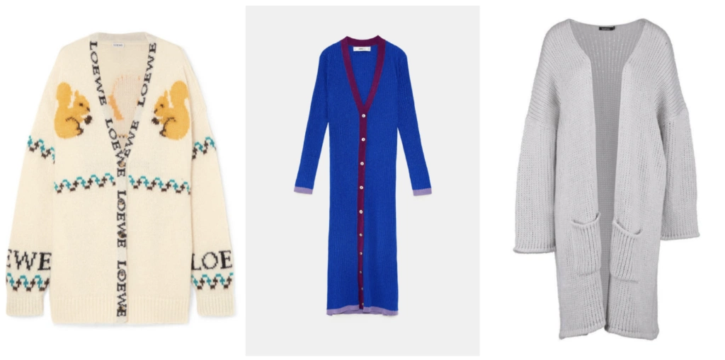 Intarsia mohair-blend cardigan by Loewe, €1,200 at net-a-porter.com, metallic thread cardigan, €49.95 at zara.com, oversized boyfriend cardigan, €30 at boohoo.com