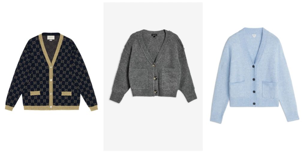 GG cotton lurex cardigan, €950 at farfetch.com, pocket cardigan, €40 at topshop.com, alpaca and merino cardigan, €89 at arket.com