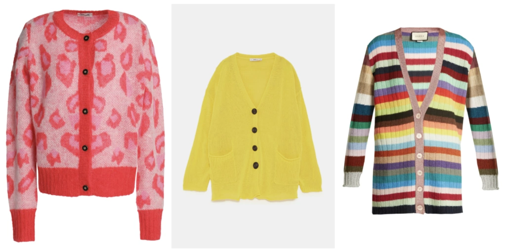 Leopard jacquard-knit cardigan by Baum Und Pferdgarten, €102 at theoutnet.com, oversized yellow cardigan, €39.95 at zara.com, striped cashmere and wool-blend cardigan, €1,100 at matchesfashion.com