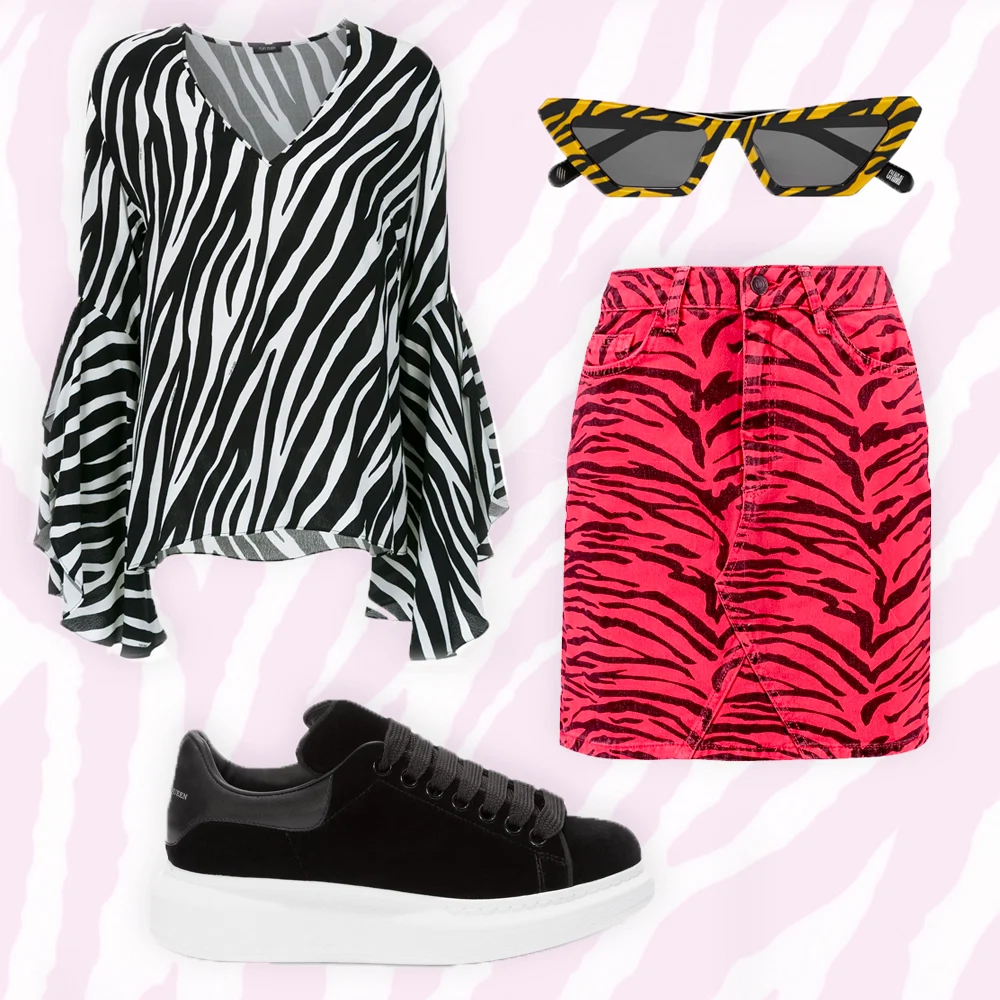 Animal print blouse by Tufi Duek, €151 at farfetch.com, animal print denim mini skirt, €31.78 at asos.com, oversized sneaker in black velvet, €395 at alexandermcqueen.com, tiger printed cat-eye acetate sunglasses by Chimi, €140 at net-a-porter.com