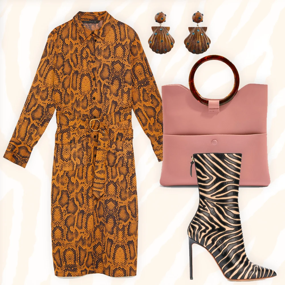 Snakeskin print tunic, €59.95 at zara.com, animal print ankle boots by Francesco Russo, €1,194 at farfetch.com, cookie clutch bag, €29 at topshop.com, Ariel drop earrings, €131.29 at rebeccaderavenel.com