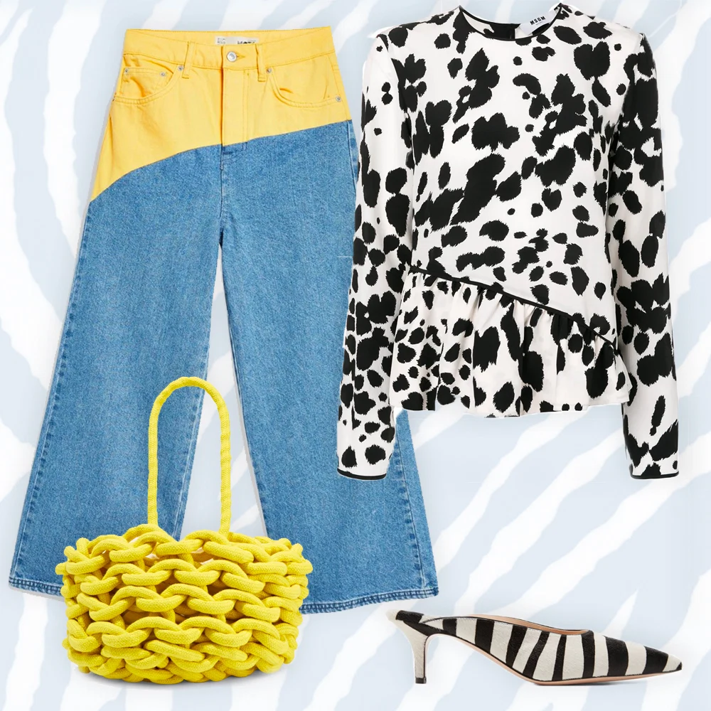 Dalmatian gathered top by MSGM, €343 at farfetch.com, MOTO colour block cropped wide leg jeans, €68 at topshop.com,  55 zebra-print calf hair mules by Gianvito Rossi, €372 at net-a-porter.com, woven cotton bucket bag by Alienina, €185 at net-a-porter.com