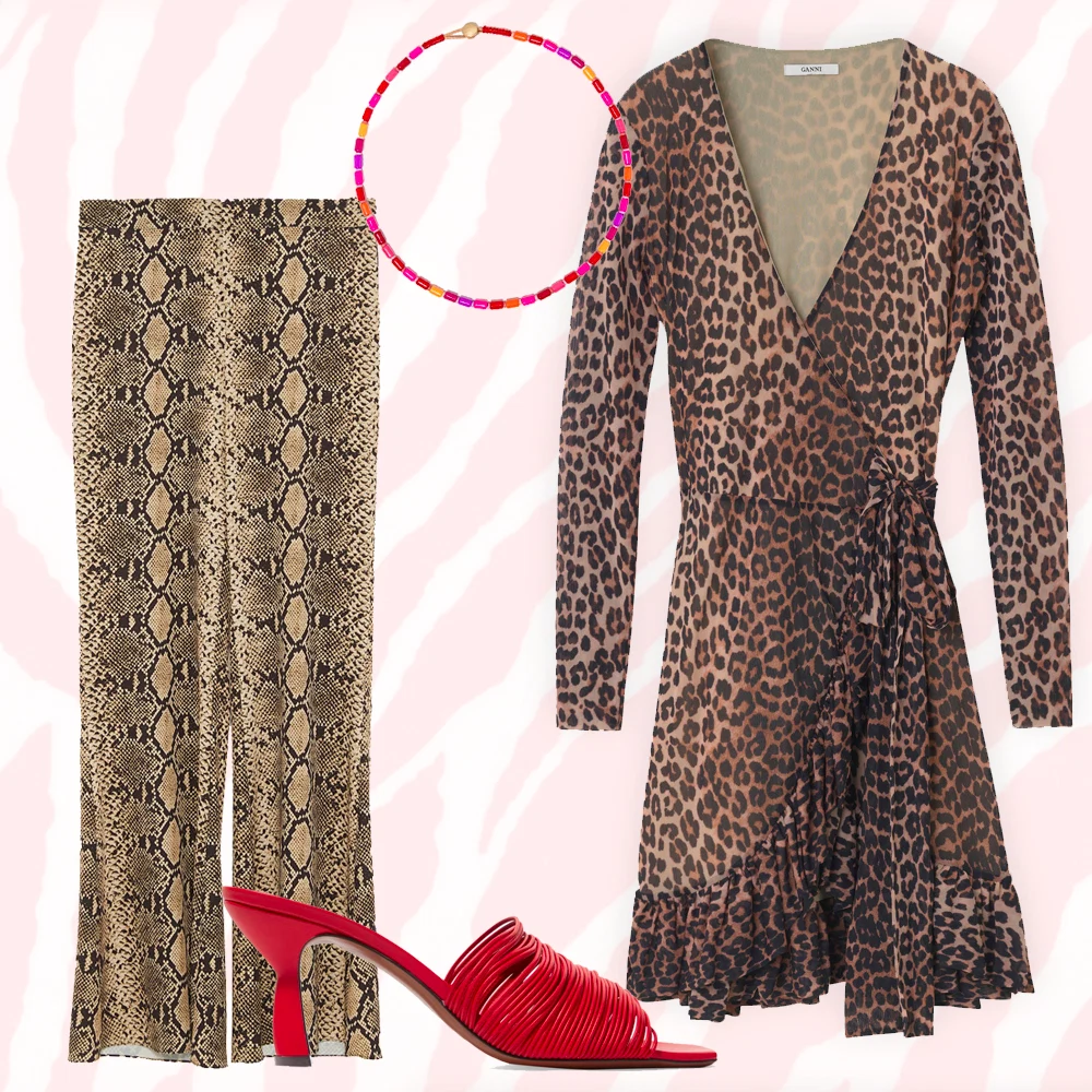 Tilden mesh wrap dress, €209 at ganni.com, snakeskin print flair trousers, €49.95 at zara.com, extremely pink necklace, €105 at roxanneassoulin.com, Shom leather mules by Neous, €495 at net-a-porter.com
