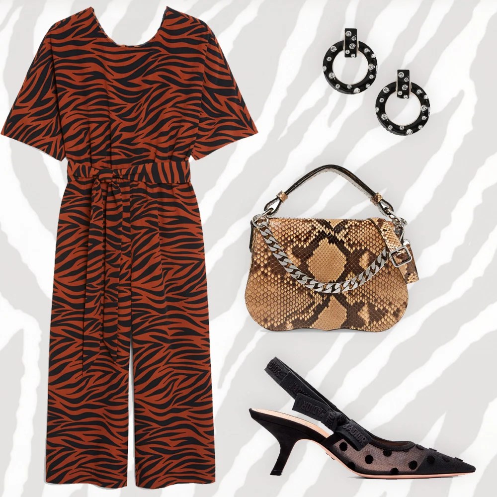 Belted jumpsuit, €35 at monki.com, J'Adior high-heeled shoe in nude, available on request from selected boutiques, stone door knockers earrings, €13 at topshop.com, chain-trimmed python shoulder bag by Calvin Klein, €840 at net-a-porter.com