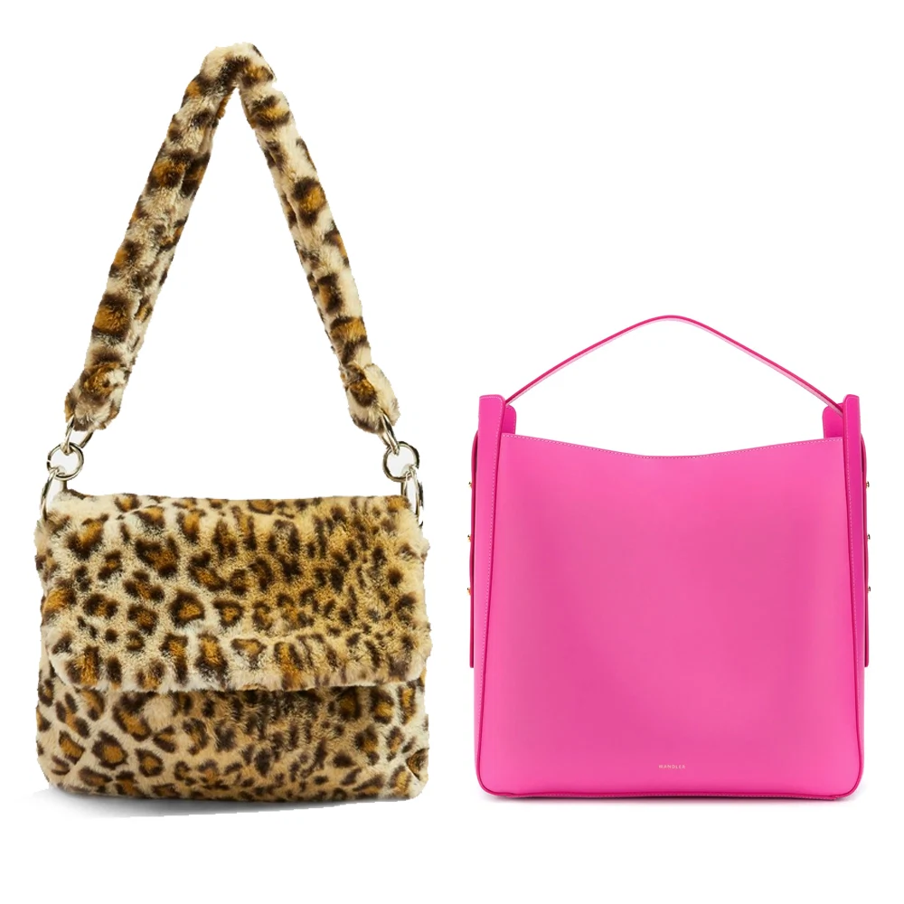 L-r: Leopard print teddy faux fur shoulder bag, €40 at topshop.com, Lotta tote by Wandler, €675 at farfetch.com