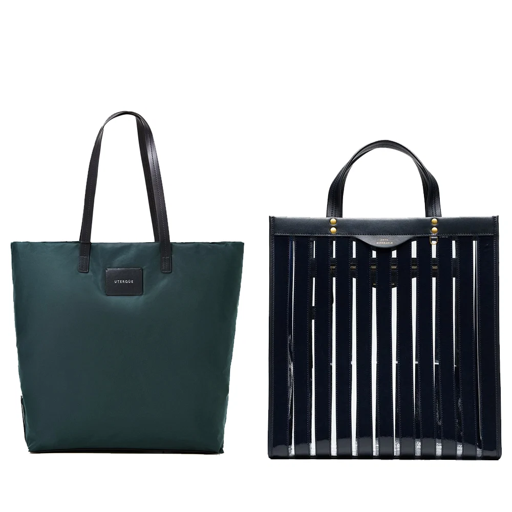 L-r: Roll-up tote bag, €75 at uterque.com, marine blue striped vinyl tote by Anya Hindmarch, €795 at brownsfashion.com