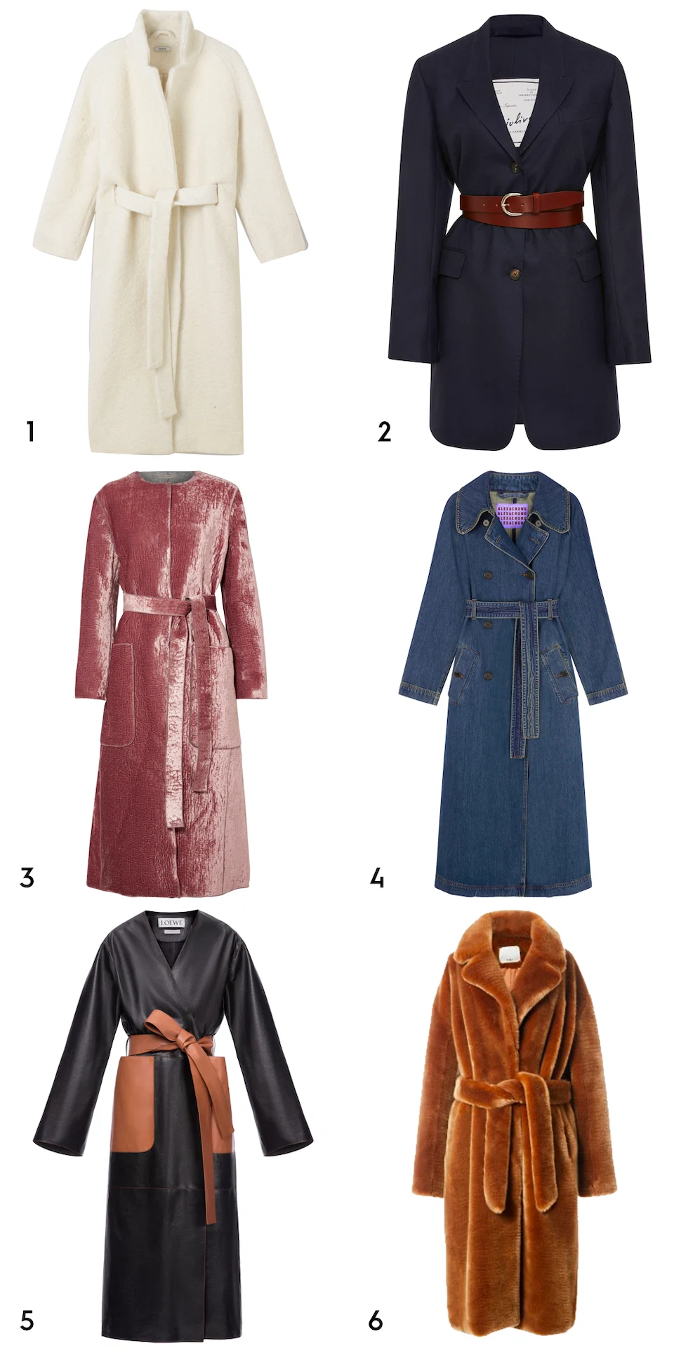 1 Fenn wrap long coat, €329 at ganni.com, 2 Karen Belted wool-crepe blazer by Giuliva Heritage Collection, €1,536 at modaoperandi.com, 3 deco rose/light grey velvet and wool coat, €2,200 at bottegavaneta.com, 4 denim trench coat, €700 at alexachung.com, 5 long coat in black and tan, €3,800 at loewe.com, 6 luxe oversized faux fur coat, €594.84 at tibi.com