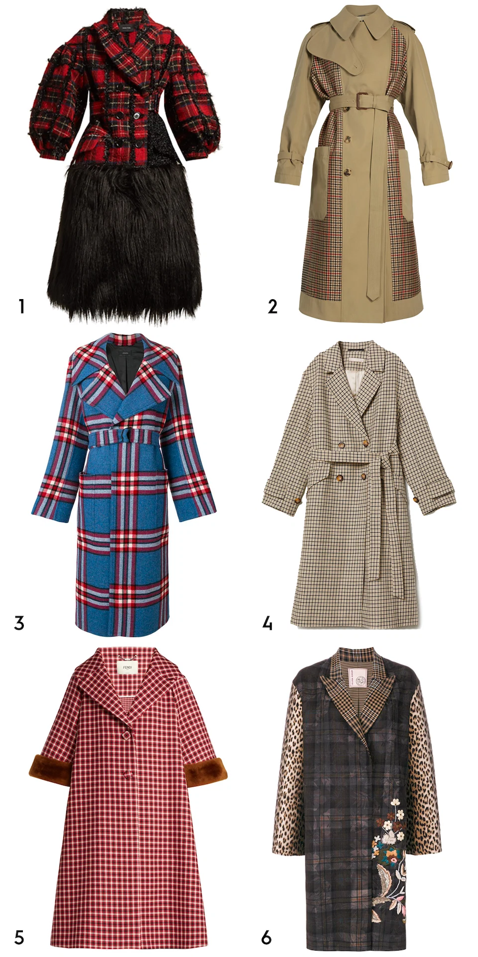 1 Checked tweed coat by Simone Rocha, €2,688 at matchesfashion.com, 2 checked-back belted trench coat by Alexander McQueen, €2,446 at matchesfashion.com, 3 military check coat by Joseph, €1,195 at farfetch.com, 4double-breasted coat, €99 at hm.com 5 shearling-trimmed checked wool coat by Fendi, €3,900 at matchesfashion.com, 6 floral embroidery checked coat by Antonio Marras, €1,500 at farfetch.com