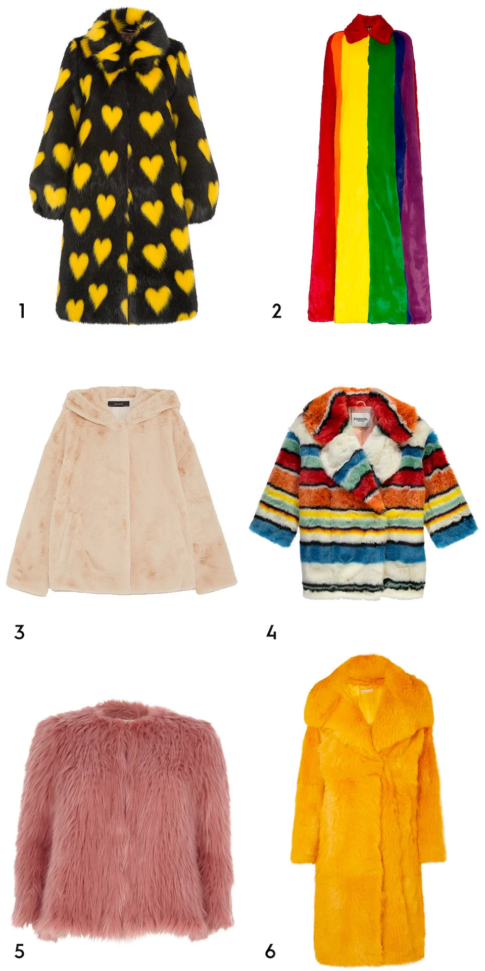 1 Lorca black coat, €727.73 at shrimps.co.uk, 2 rainbow stripe faux fur cape coat by Burberry, €4,790 at net-a-porter.com, 3 hooded jacket, €49.95 at zara.com, 4 colourful stripe faux fur coat, €395 at essentiel-antwerp.com, 5 petite pink faux fur knit coat, €60 at riverisland.ie, 6 shearling coat by Michael Kors, €8,625 at net-a-porter.com