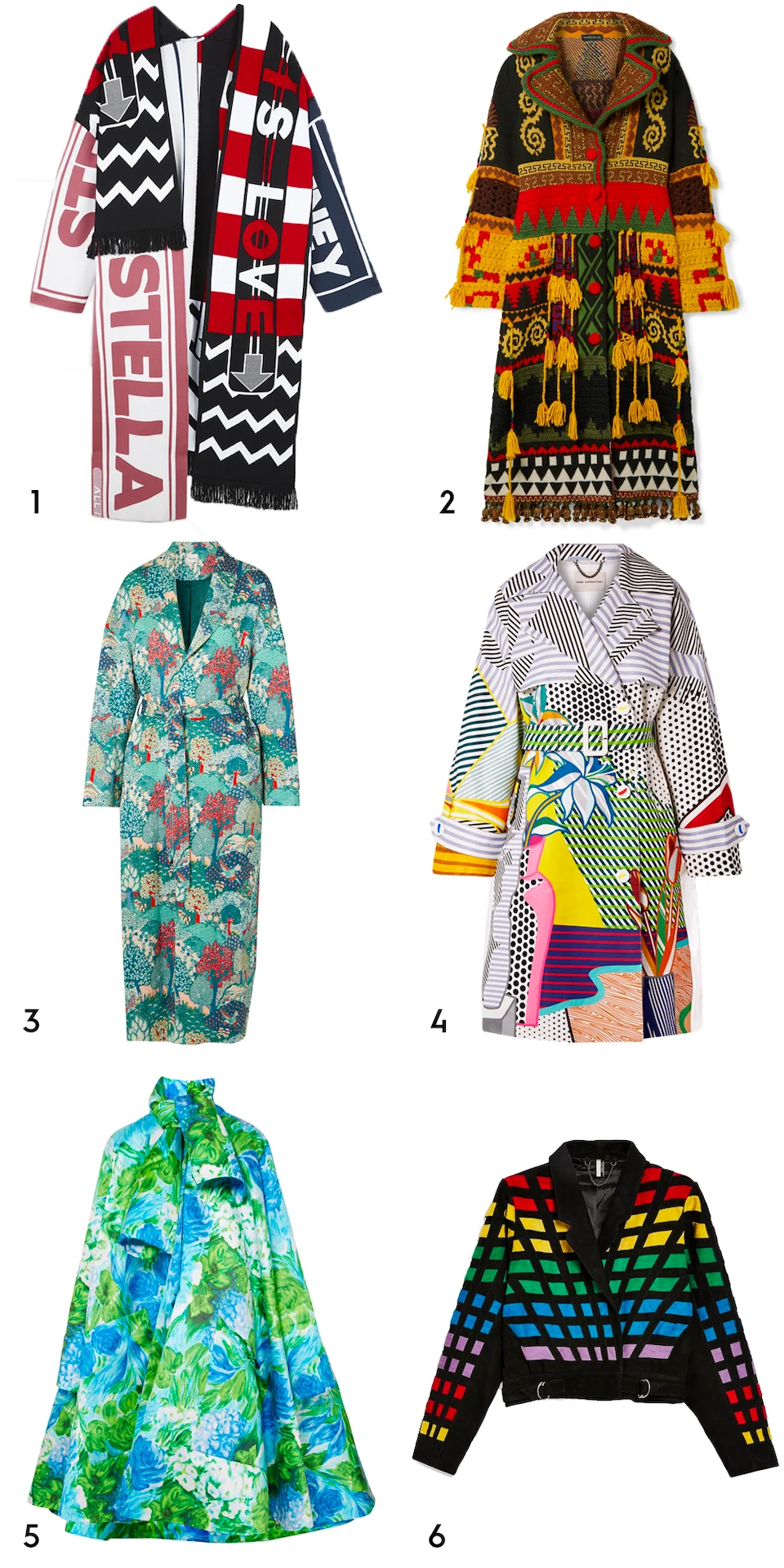 1 All Is Love patchwork coat, €1,795 at stellamccartney.com, 2 tasselled intarsia wool-blend coat by Etro, €4,480 at net-a-porter.com, 3 Margo quilted jacquard coat by Vilshenko, €959 at lyst.com, 4 printed cotton-blend gabardine trench coat by Mary Katrantzou, €1,995 at modesens.com, 5 oversized floral-print Duchesse-satin coat by Richard Malone, €2,990 at net-a-porter.com, 6 suede lattice jacket, €390 at topshop.com