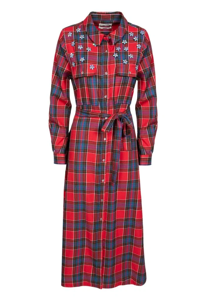 Red checked shirt dress with embroidered flowers, €165 at essentiel-antwerp.com