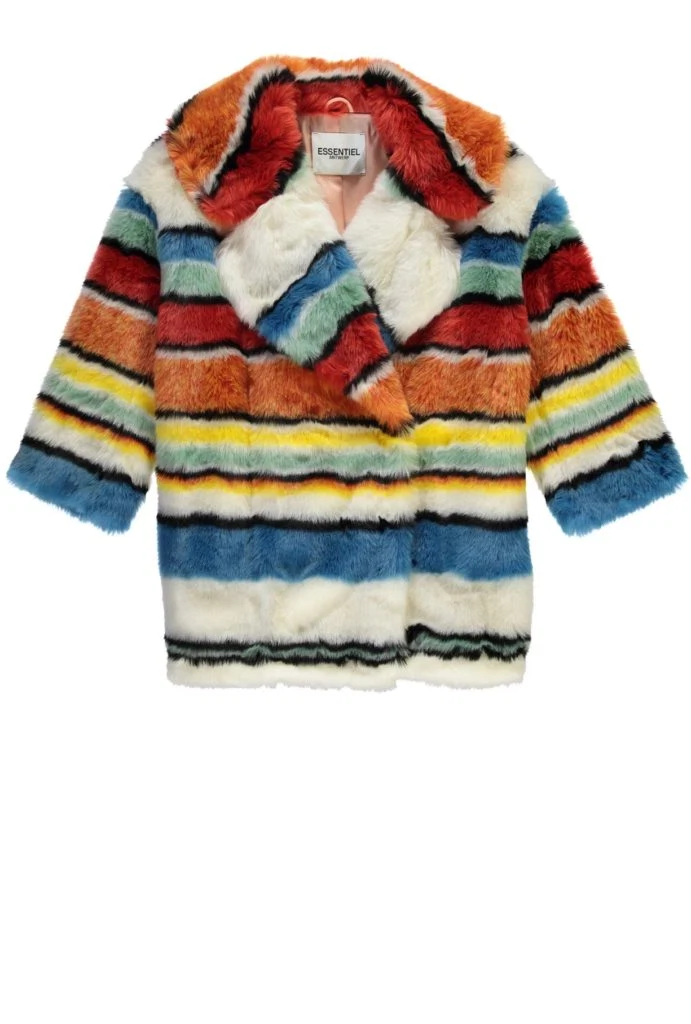 Colourful striped faux fur coat, €395 at essentiel-antwerp.com