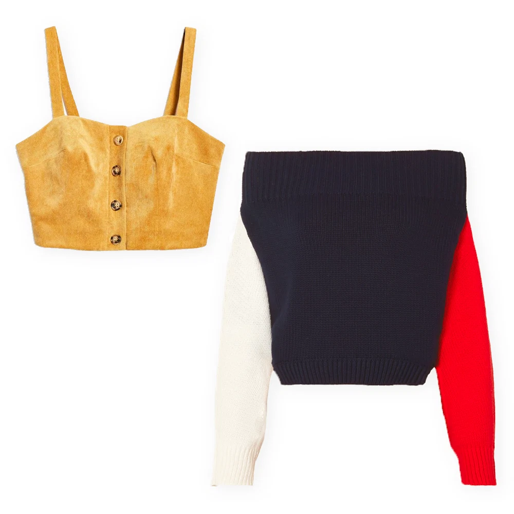 Corduroy button top, €32 at topshop.com, off-the-shoulder colour-block cotton sweater by Monse, €464 at net-a-porter.com