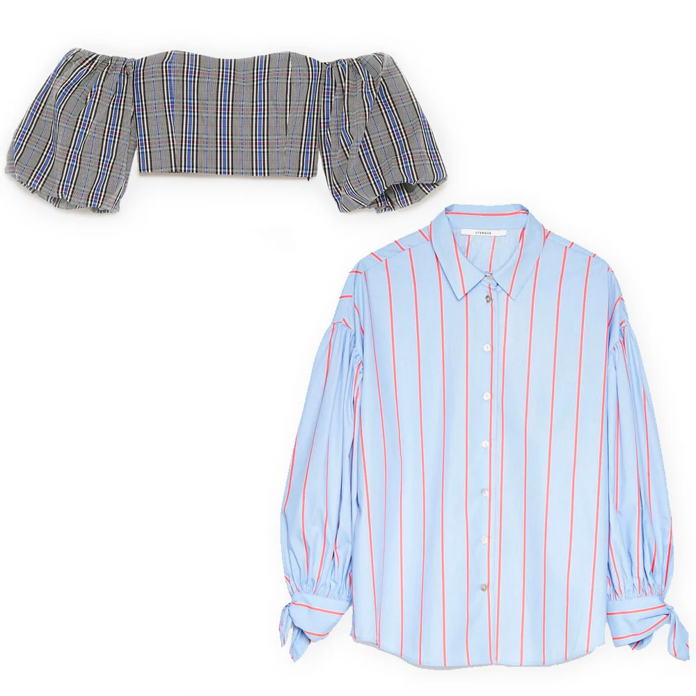 Checked crop top, €9.99 at zara.com, pinstripe shirt, €89 at uterque.com