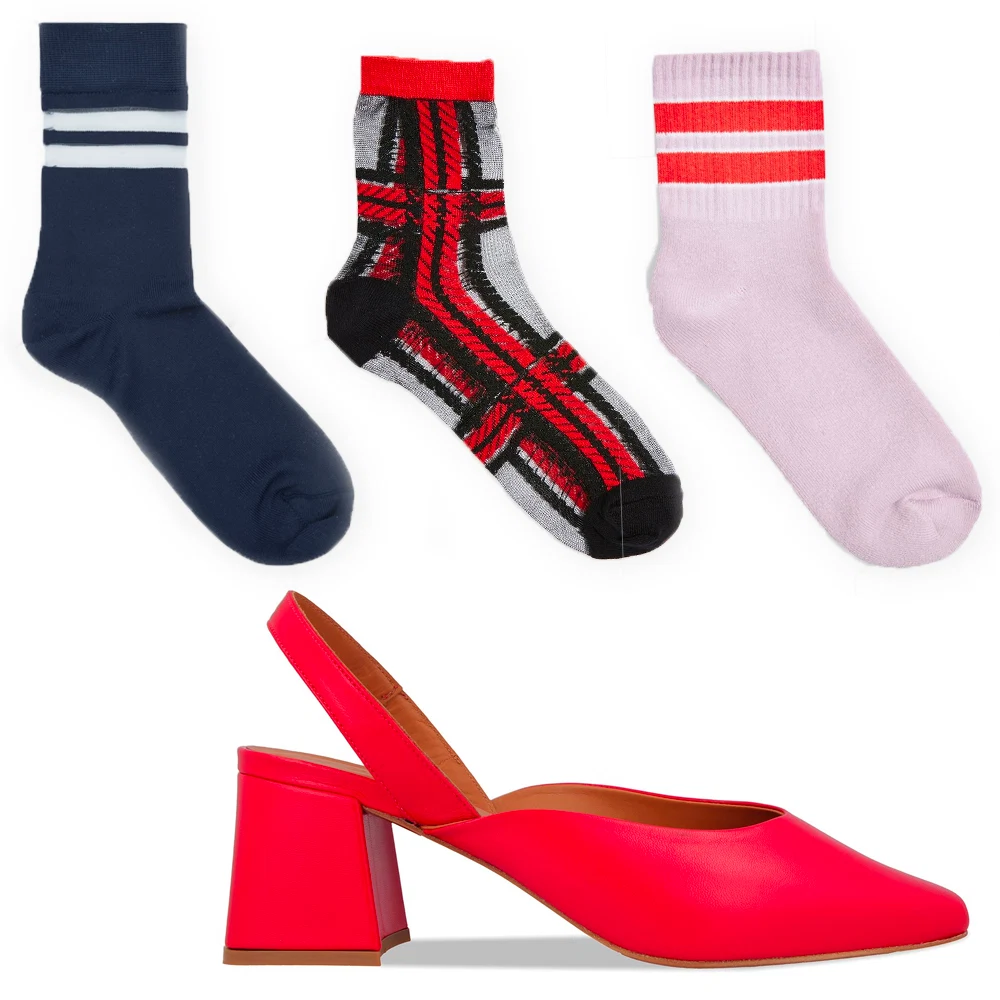 Lisa red leather slingback, €350 at byfarshoes.com, sheer striped navy sock, €7 at cosstores.com, sheer tartan socks, €5 at topshop.com red stripe sports socks, €5 at topshop.com