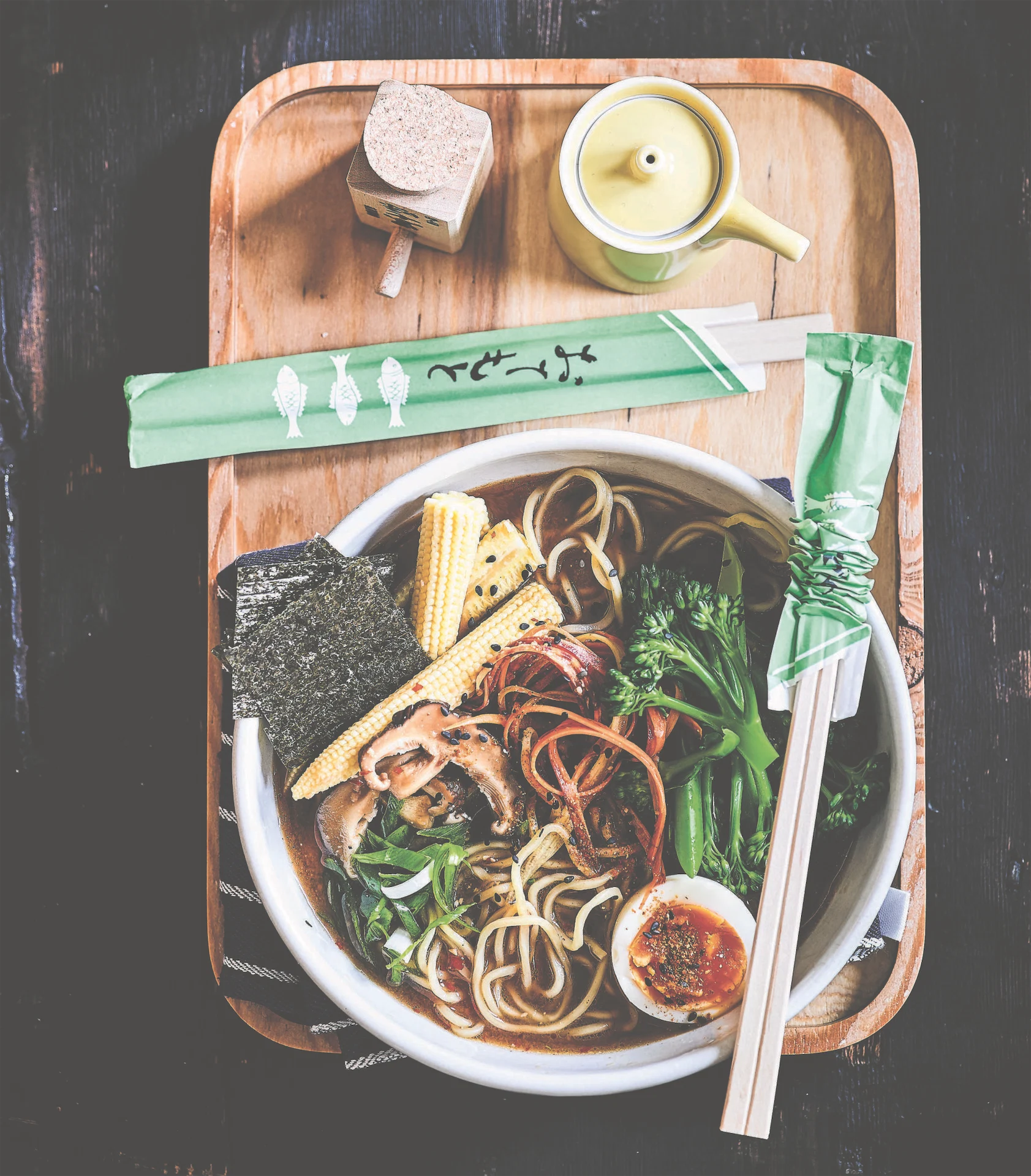 Midweek comfort: vegetarian ramen with baby corn and pickled shiitakes