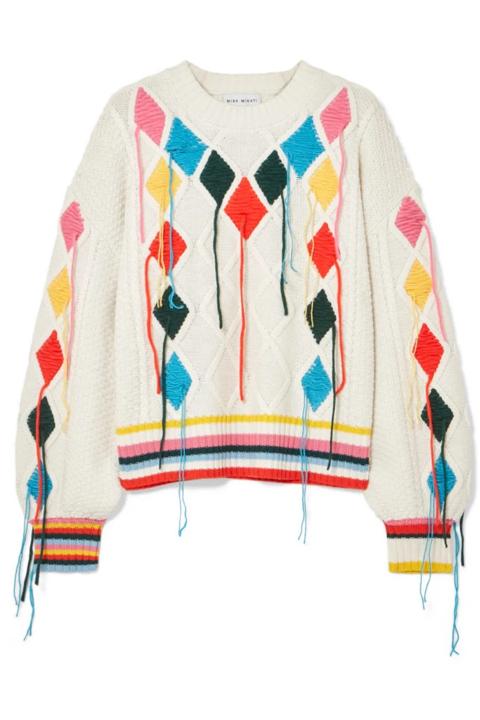Embroidered cable-knit sweater by Mira Mikati, €530 at net-a-porter.com