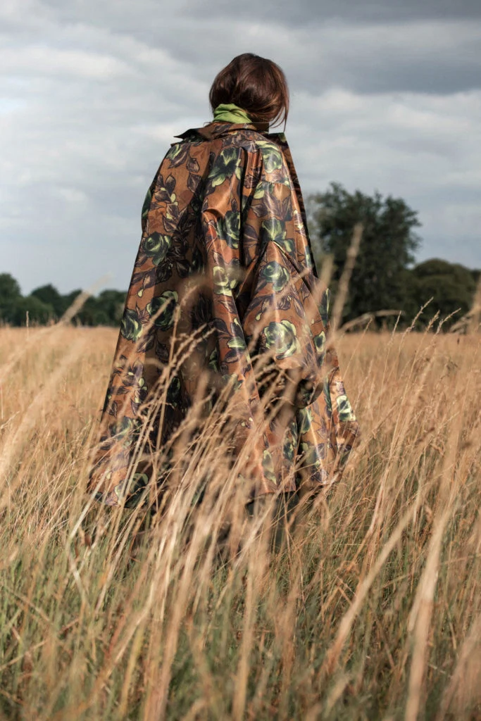 Duchess satin A-line coat by Richard Quinn, €2,775 at brownthomas.com, ultra skinny lime green scarf, €70 at stable.ie